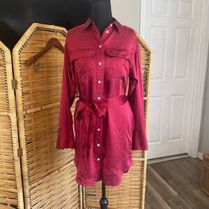 Banana Republic Heritage 100% Silk Shirt Dress Red Belted Long Sleeve XXS
